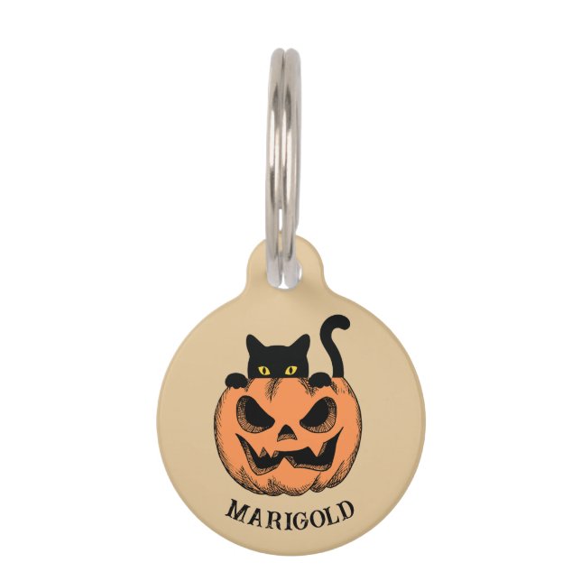 Médaillon Pour Animaux Citrouille d'Halloween et chat noir Personnalisé  (Devant)