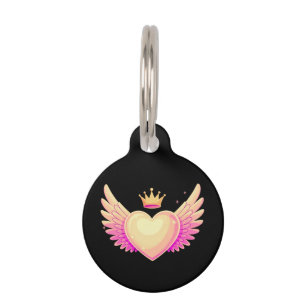 Médaillon Pour Animaux Coeur d'ange avec ailes roses Cool et couronne Une