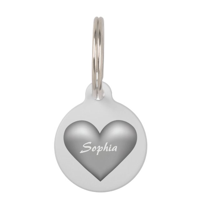 Médaillon Pour Animaux Coeur gris argenté avec nom personnalisé sur (Devant)