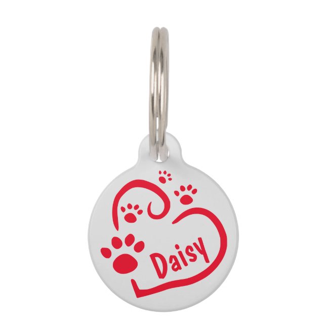 Médaillon Pour Animaux Coeur rouge mignon avec Empreintes de pattes et no (Devant)