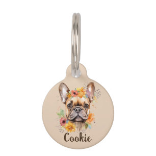 Médaillon Pour Animaux Collier Rond Aquarelle Fleur Bouledogue Français