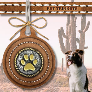 Médaillon Pour Animaux Concho en cuir Brown du pays et en Pawprint occide