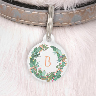 Médaillon Pour Animaux Couronne de cactus fleuri Monogramme Menthe Pêche