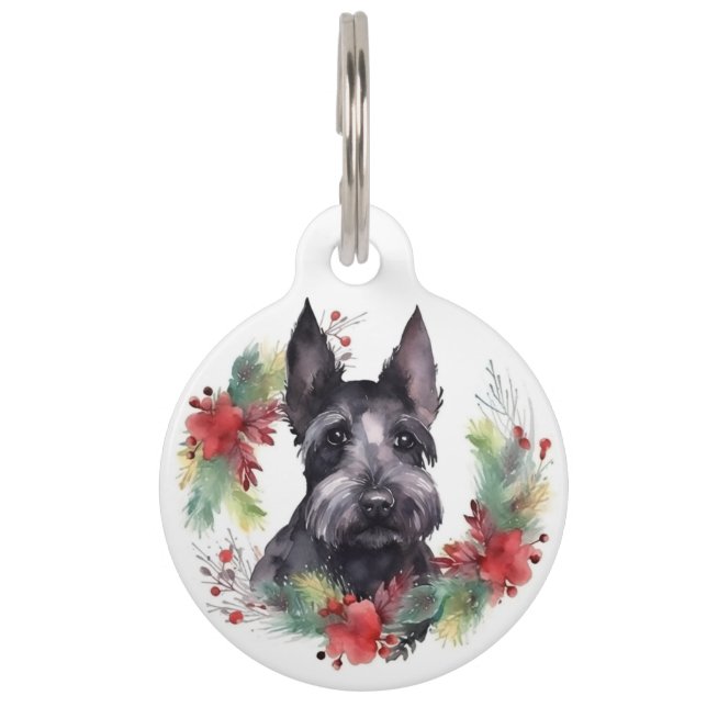 Médaillon Pour Animaux Couronne de Noël de Scottish Terrier Chien de fête (Devant)