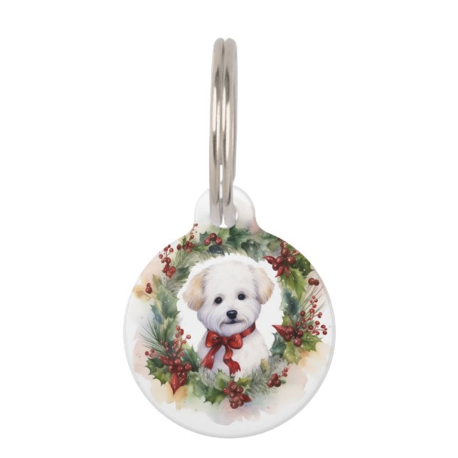 Médaillon Pour Animaux Couronne de Noël festive Bichon Frise (Devant)