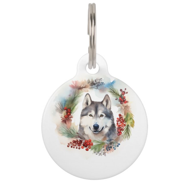 Médaillon Pour Animaux Couronne de Noël festive de Malamute d'Alaska (Dos)