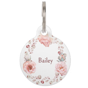 Médaillon Pour Animaux Couronne de rose aquarelle personnalisée Blanc