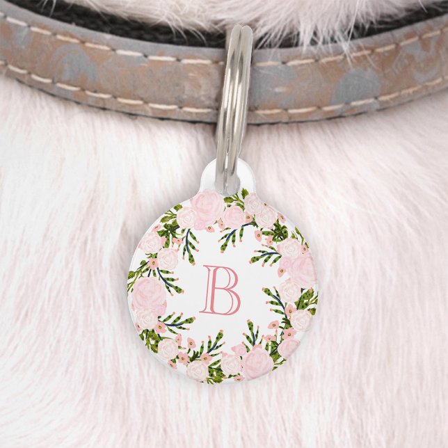 Médaillon Pour Animaux Couronne Florale Rose Monogramme Élégant (Créateur téléchargé)