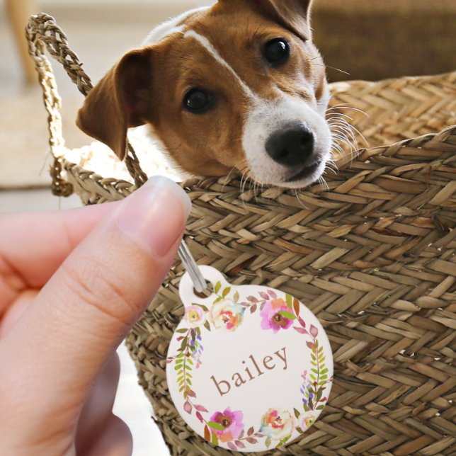 Médaillon Pour Animaux Couronne florale rustique avec nom et téléphone de (Créateur téléchargé)