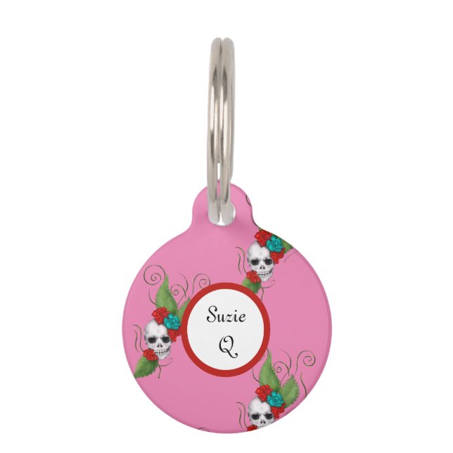 Médaillon Pour Animaux Crânes et Roses (Devant)