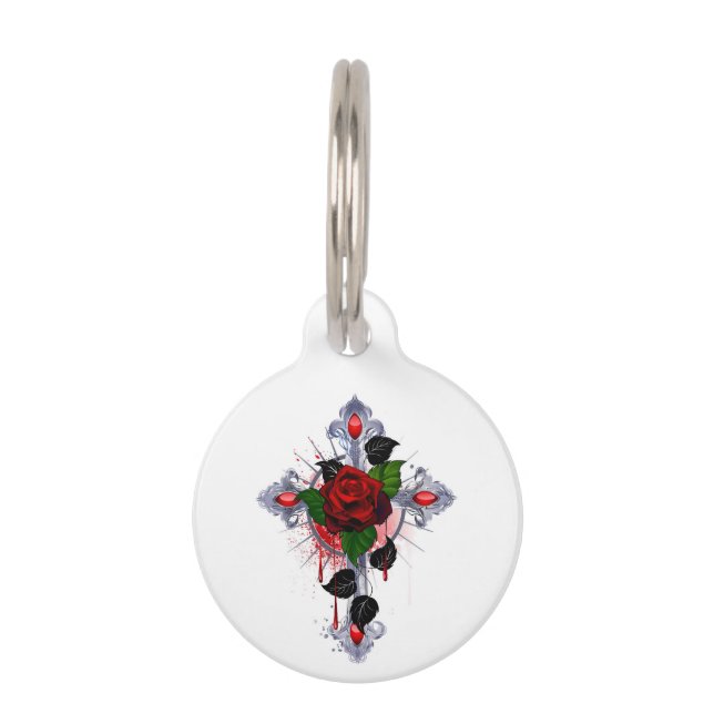 Médaillon Pour Animaux Croix d'argent avec une rose rouge (Devant)