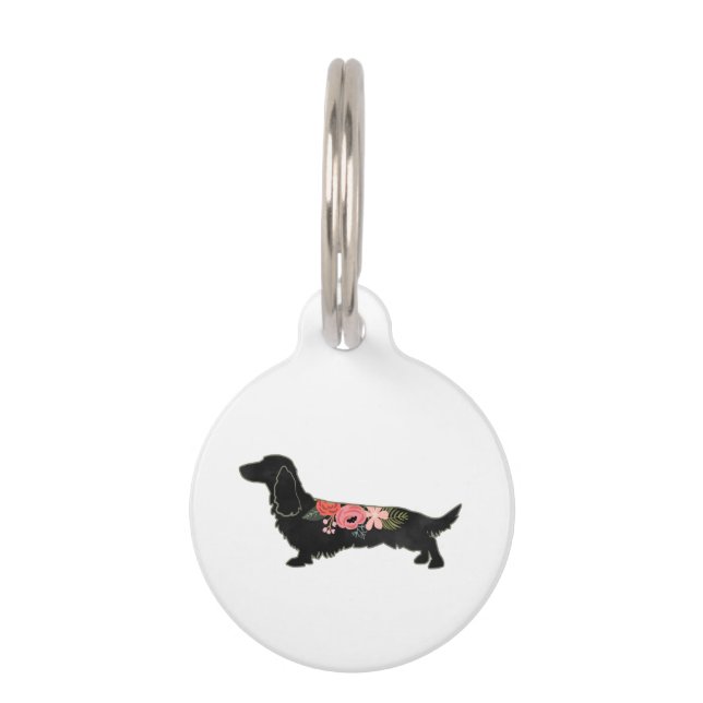 Médaillon Pour Animaux Dachshund à poil long Silhouette florale bohème (Devant)