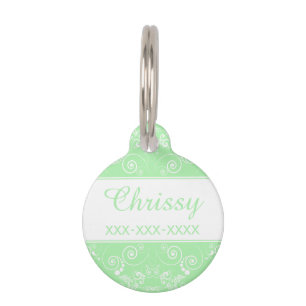 Médaillon Pour Animaux Design floral blanc sur Pastel Green Personnalisé