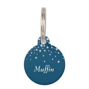 Médaillon Pour Animaux Diamants blancs et nom blanc sur Ocean Blue