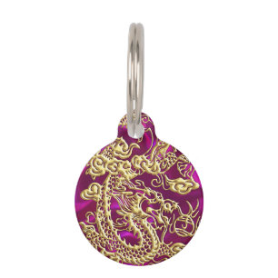 Médaillon Pour Animaux Dragon d'or embouti sur Magenta Satin Impression