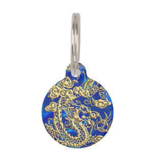 Médaillon Pour Animaux Dragon d'or incorporé sur BlueSatin