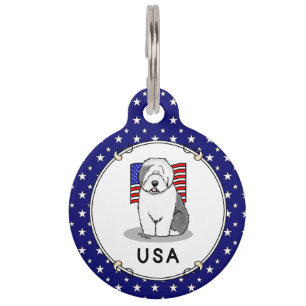 Médaillon Pour Animaux Drapeau américain USA Old English Sheepdog (Gris 1