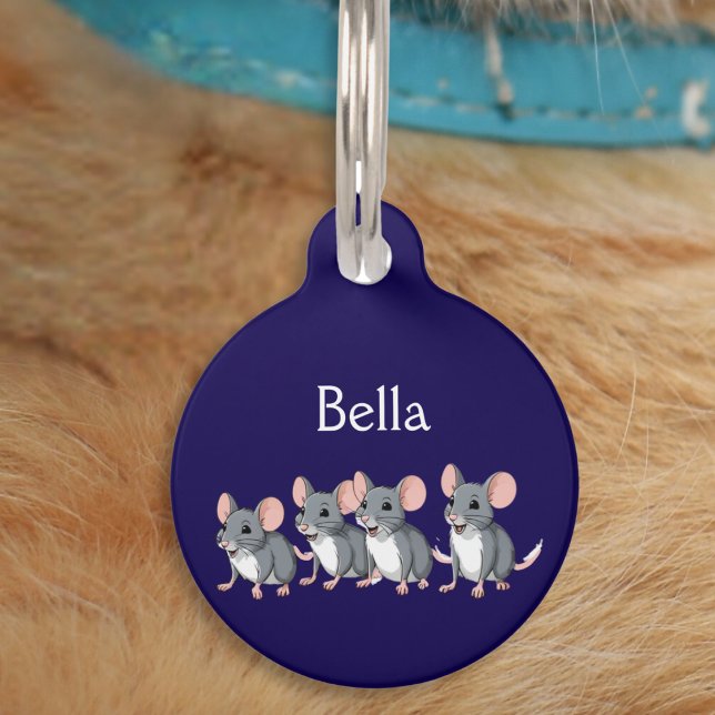 Médaillon Pour Animaux Drôle Cartoon Mice Blue Cat (A cute ID tag for your pet cat, with mice picture, custom name, and your own text on the back)