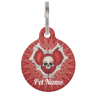 Médaillon Pour Animaux Éffrayant Coeur rouge des os Motif crâne spirale