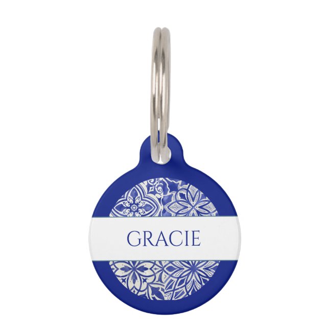 Médaillon Pour Animaux Élégant Monogramme Carreau Personnalisé Bleu Blanc (Devant)