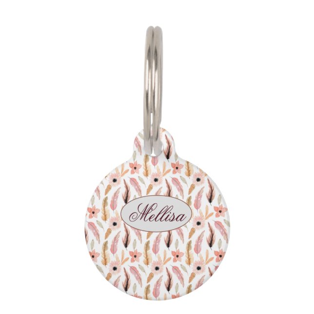 Médaillon Pour Animaux Élégant motif floral rose Abstrait Nom du monogram (Devant)