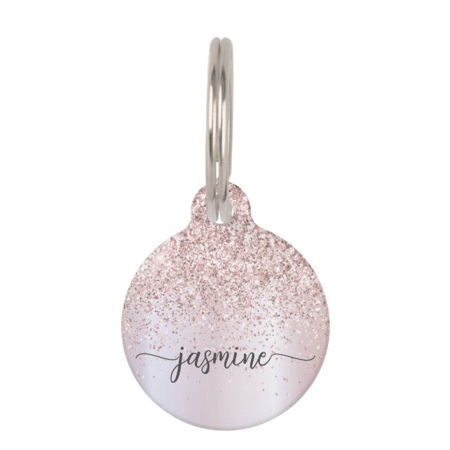 Médaillon Pour Animaux Élégant Rose Gold Pailleté Monogramme Nom Script   (Devant)