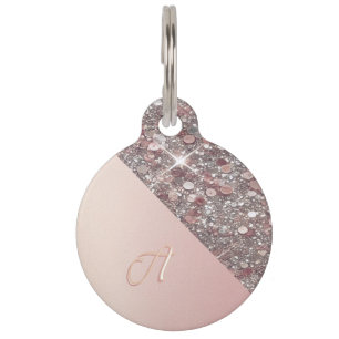 Médaillon Pour Animaux Élégant Rose or Monogramme rond animal de compagni