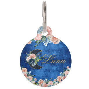 Médaillon Pour Animaux Elégante demi-lune Bleu rose Floral Aquarelle