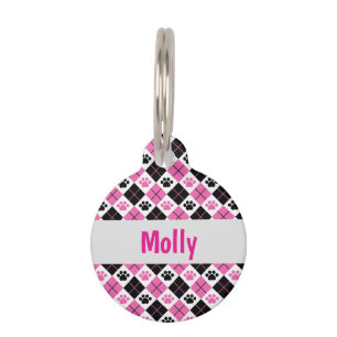 Médaillon Pour Animaux Empreinte de patte à motifs de losanges rose et