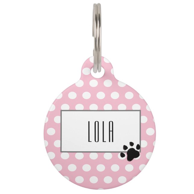Médaillon Pour Animaux Empreinte de patte à pois rose mignon (Devant)
