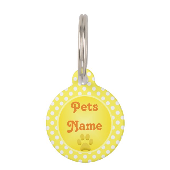 Médaillon Pour Animaux Empreinte de Patte Jaune et Points Personnalisés (Devant)
