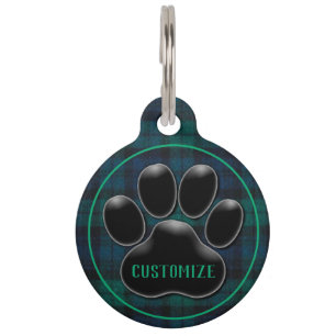 Médaillon Pour Animaux Empreinte de patte Tartan vert personnalisé