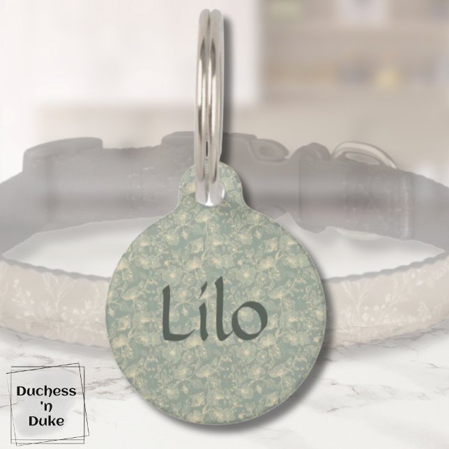 Médaillon Pour Animaux Étiquette de nom de chien - Botanique Vert Sauge,  (Personalized Sage Green Botanical Pet Bowl Pet ID Tag with matching collar background)