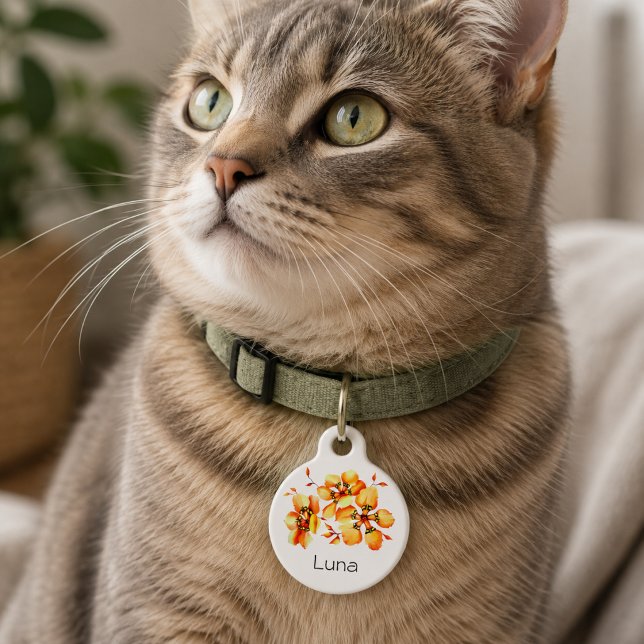 Médaillon Pour Animaux Étiquette d'identification de chat florale aquarel (Créateur téléchargé)