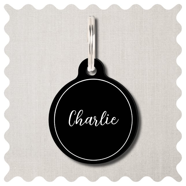 Médaillon Pour Animaux Étiquette moderne Script Dog ID Round Large Pet (Modern Elegant Black & White Script. Pet ID Tag)