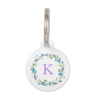 Médaillon Pour Animaux Étiquette personnalisée florale pourpre et bleue