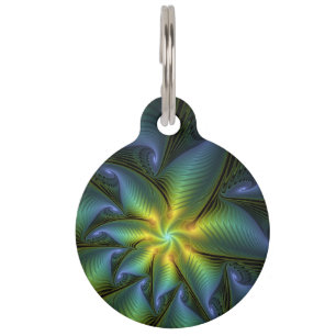 Médaillon Pour Animaux Etoile Abstraite, Bleu brillant Vert Or Fractal Ar