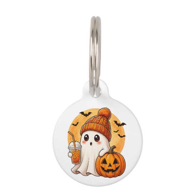 Médaillon Pour Animaux Fantôme buvant un café glacé avec Halloween citrou (Devant)
