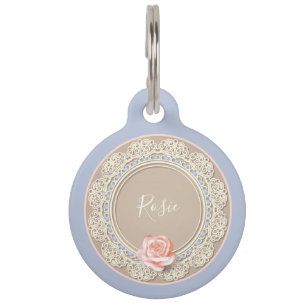 Médaillon Pour Animaux Faux rose et bleu Lacework Personnalisé Identific