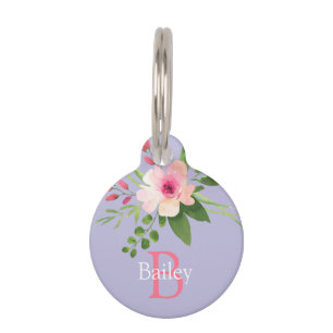 Médaillon Pour Animaux Fleur aquarelle, nom et initiale sur lavande
