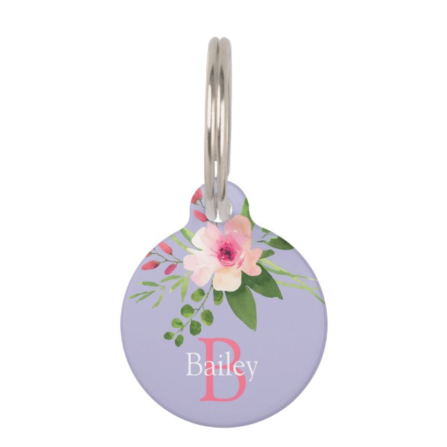 Médaillon Pour Animaux Fleur aquarelle, nom et initiale sur lavande (Devant)