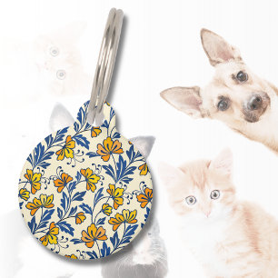 Médaillon Pour Animaux Fleur Bleue Feuillue de Style Folk Orange Jaune Vi