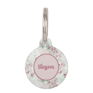 Médaillon Pour Animaux Fleur de cerisier florale aquarelle rose et verte