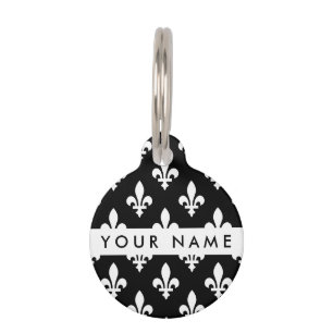 Médaillon Pour Animaux Fleur de Lis, Blanc sur Noir, Blanc, Votre Nom