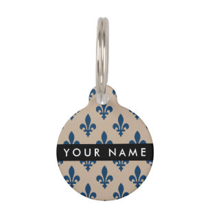 Médaillon Pour Animaux Fleur de Lis, Bleu Marine sur Beige, Royal, Votre