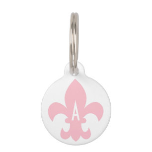 Médaillon Pour Animaux Fleur de Lis Monogramme rose et blanc