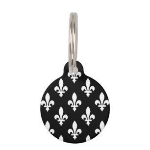 Médaillon Pour Animaux Fleur de Lis Motif, Royal French, Blanc sur Noir