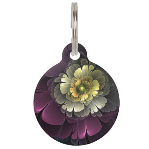 Médaillon Pour Animaux Fleur fractale grise et pourpre moderne abstraite