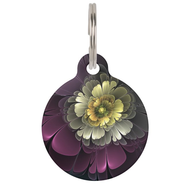 Médaillon Pour Animaux Fleur fractale grise et pourpre moderne abstraite (Devant)