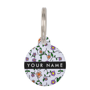 Médaillon Pour Animaux Fleurs Colorées, Fond Bleu, Noir